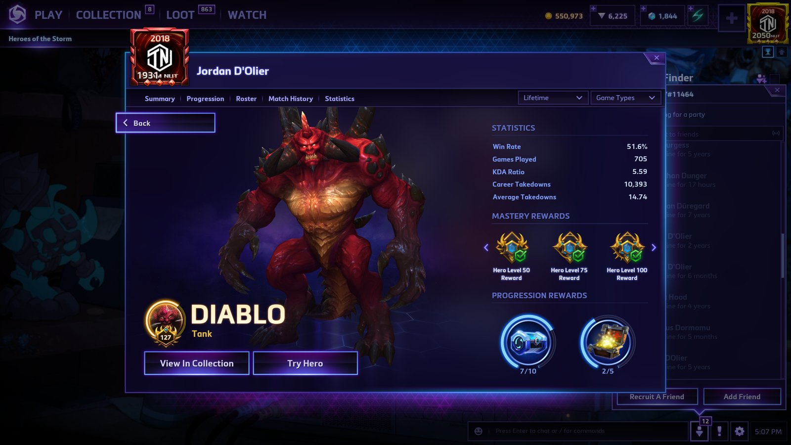 Jordan D'Olier's Diablo stats, showing 705 games played and a 51.6% win rate