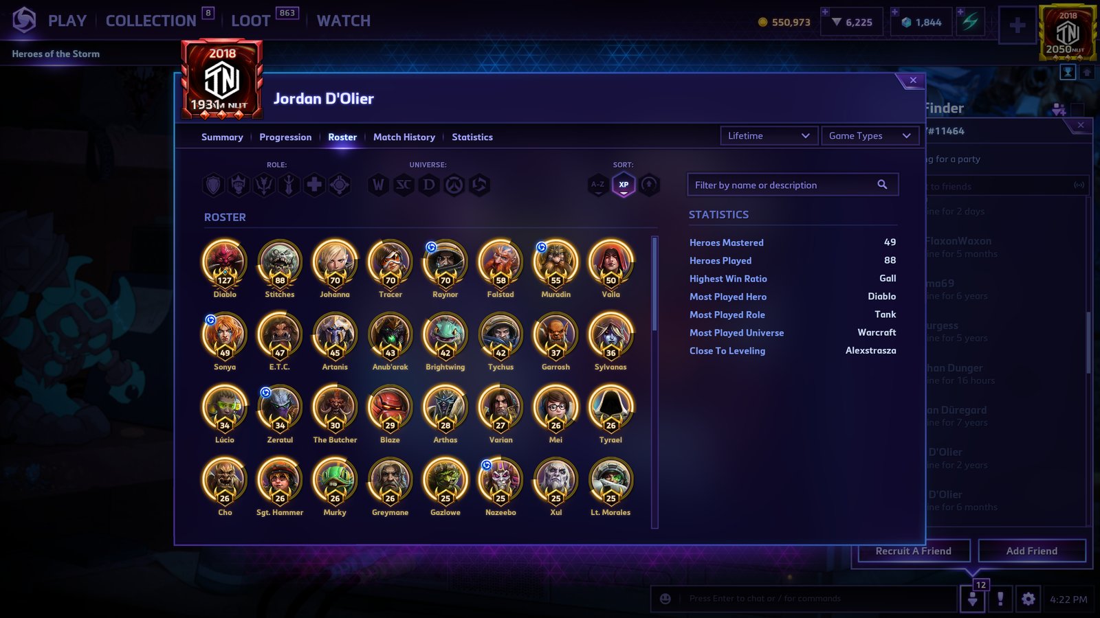 Jordan D'Olier's Heroes of the Storm roster screen, showing Diablo as his most played hero at level 127