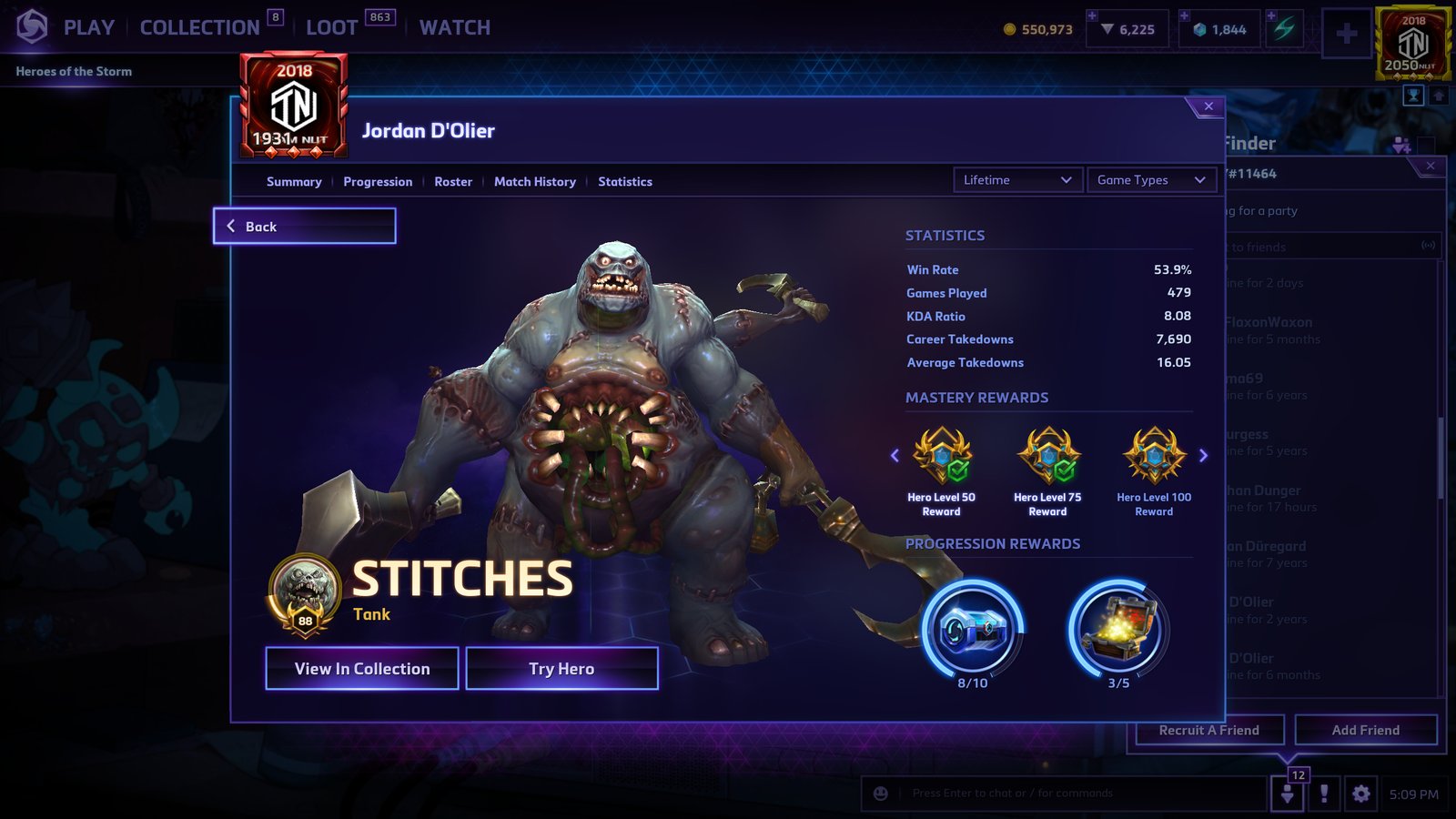 Jordan D'Olier's Stitches stats, showing 479 games played and a 53.9% win rate
